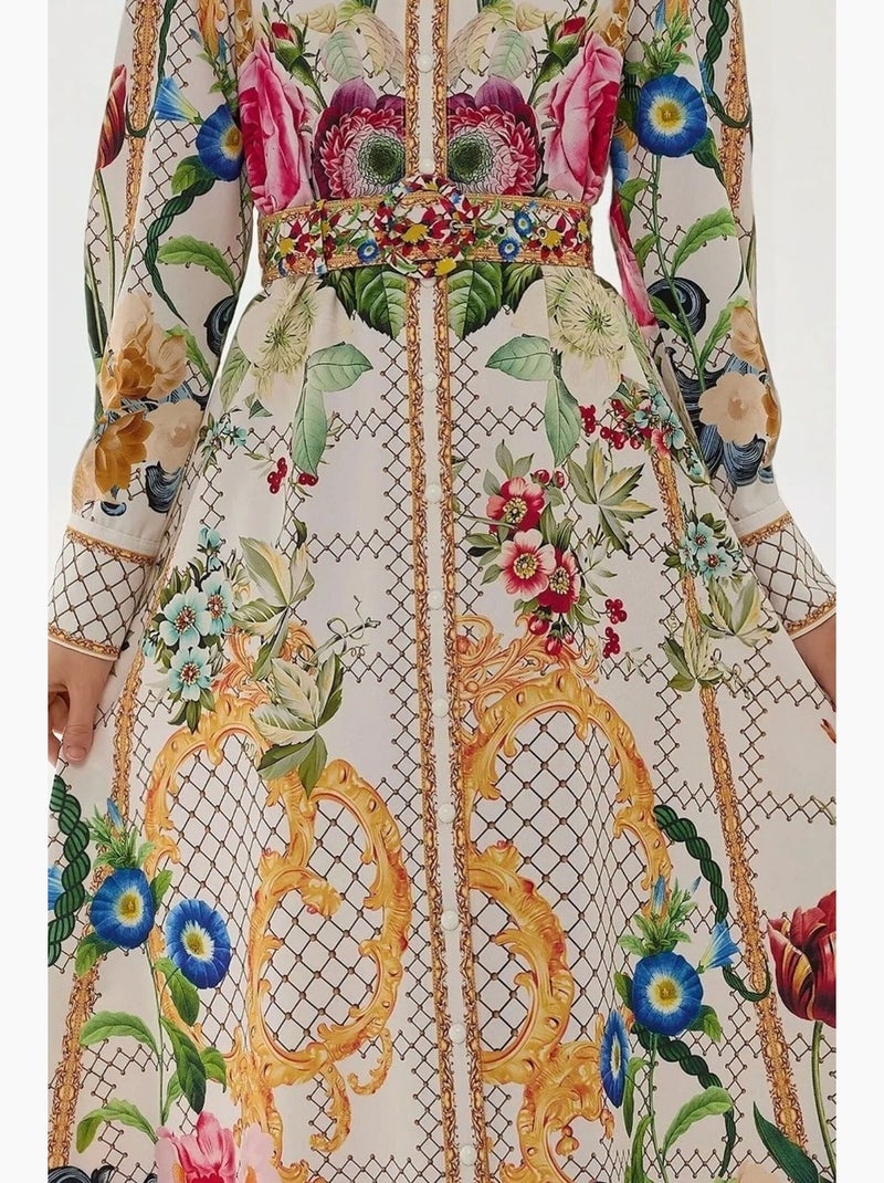 Vestido largo estampado de manga larga con cinturón hiccup Multicolor - Kiabi