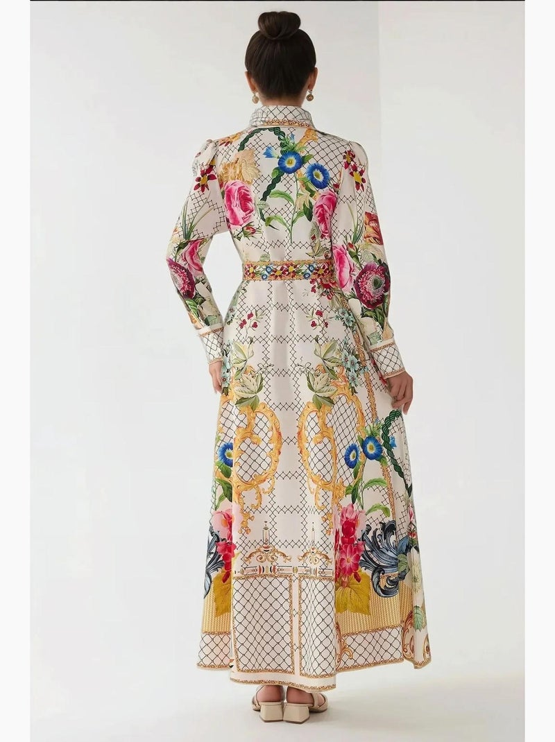 Vestido largo estampado de manga larga con cinturón hiccup Multicolor - Kiabi