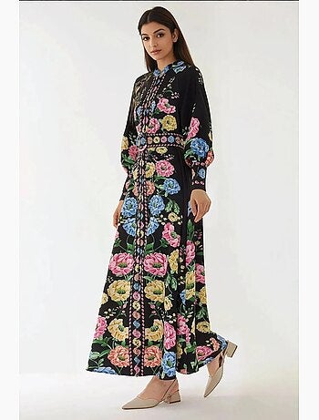 Vestido largo estampado de manga larga con cinturón hiccup