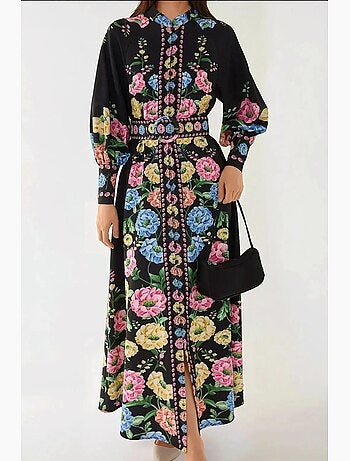 Vestido largo estampado de manga larga con cinturón hiccup