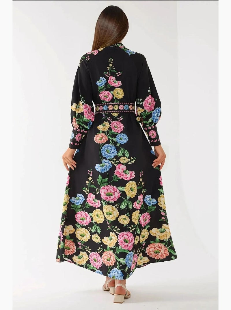 Vestido largo estampado de manga larga con cinturón hiccup Negro - Kiabi