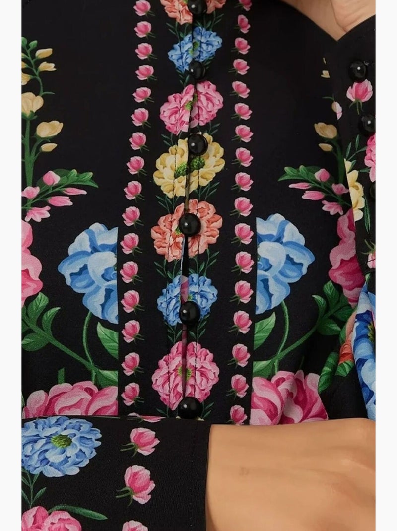 Vestido largo estampado de manga larga con cinturón hiccup Negro - Kiabi