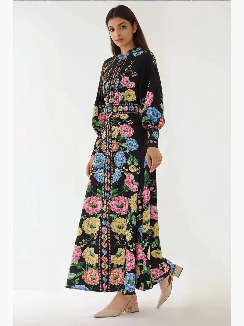 Vestido largo estampado de manga larga con cinturón hiccup Negro - Kiabi