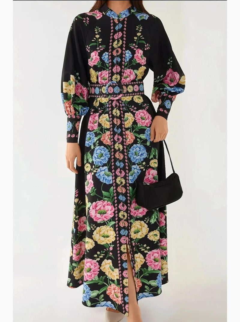 Vestido largo estampado de manga larga con cinturón hiccup Negro - Kiabi