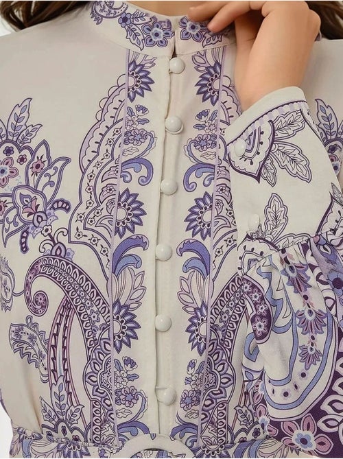 Vestido largo estampado de manga larga con cinturón - Kiabi Vestido largo estampado de manga larga con cinturón - Kiabi