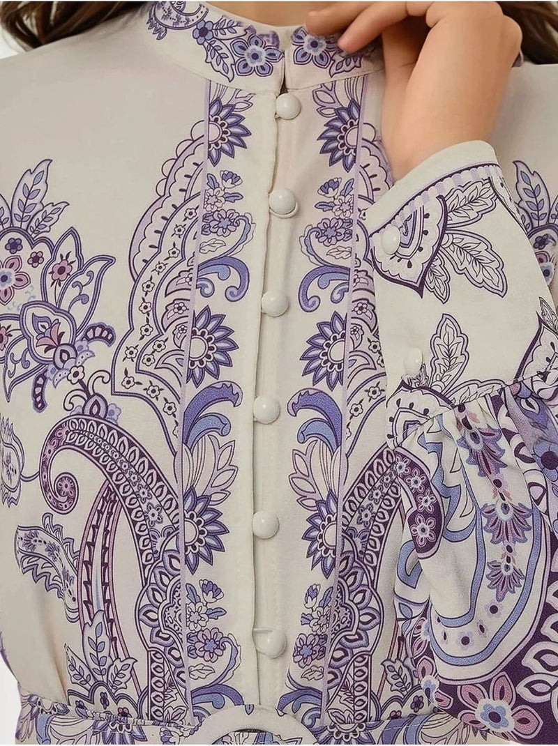 Vestido largo estampado de manga larga con cinturón Multicolor - Kiabi