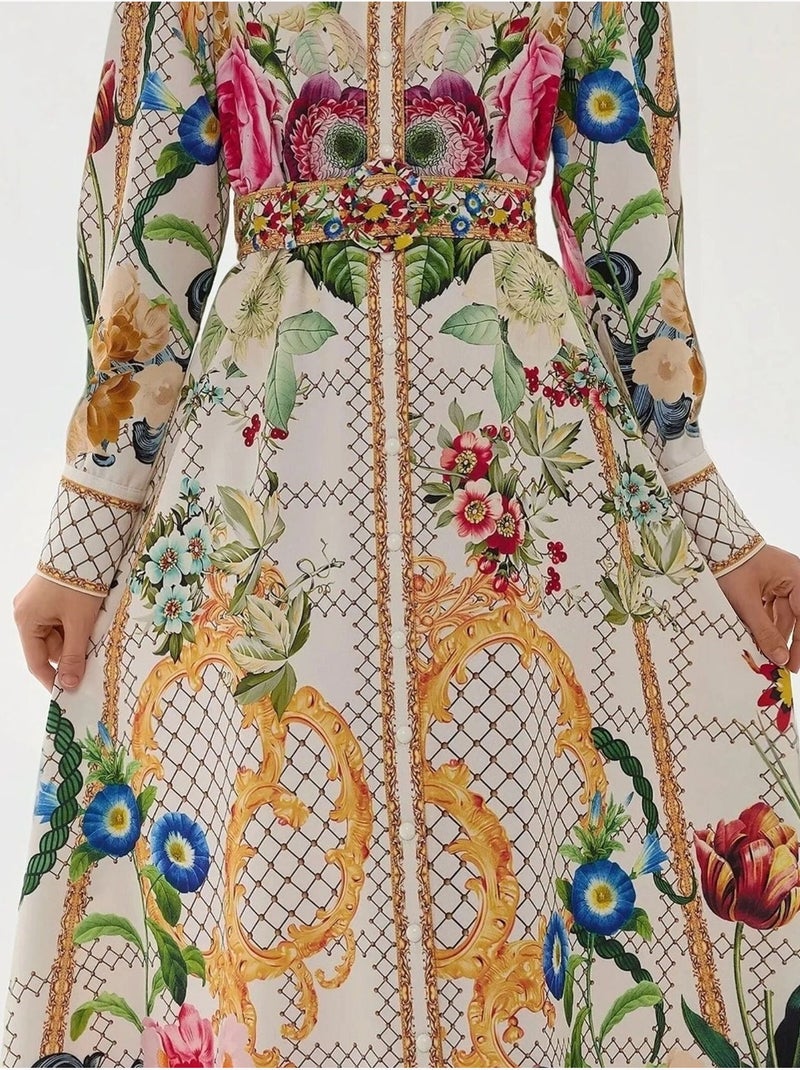 Vestido largo estampado de manga larga con cinturón Multicolor - Kiabi