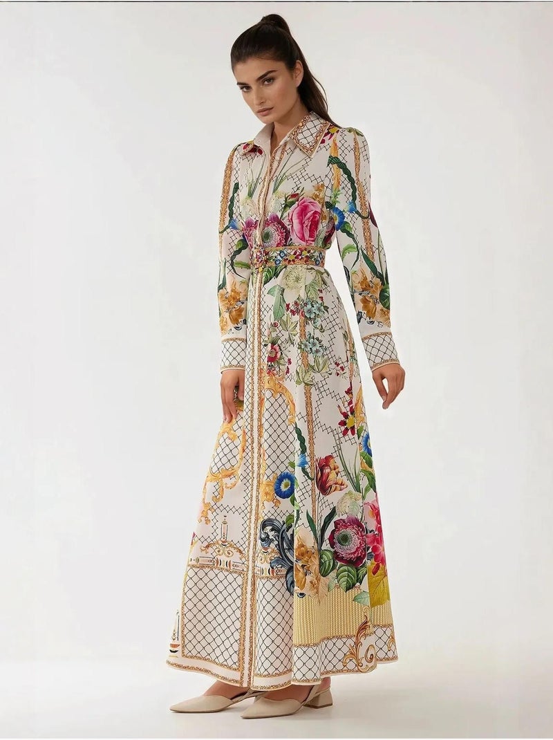 Vestido largo estampado de manga larga con cinturón Multicolor - Kiabi
