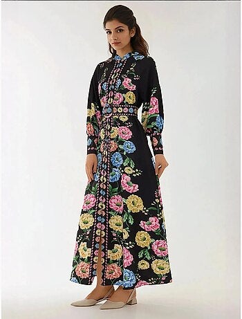 Vestido largo estampado de manga larga con cinturón