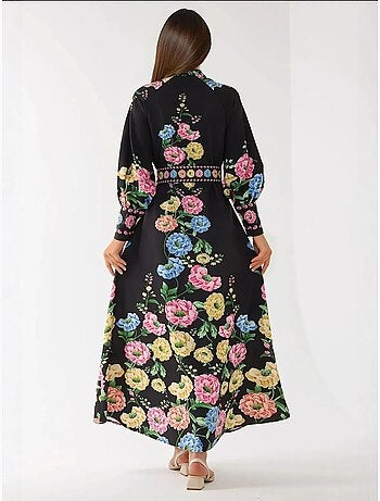 Vestido largo estampado de manga larga con cinturón