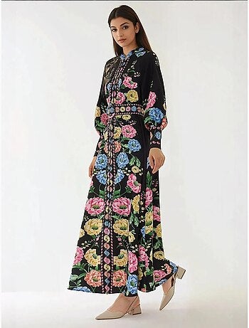 Vestido largo estampado de manga larga con cinturón