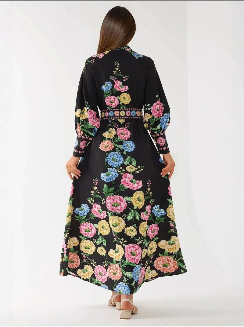 Vestido largo estampado de manga larga con cinturón Negro - Kiabi