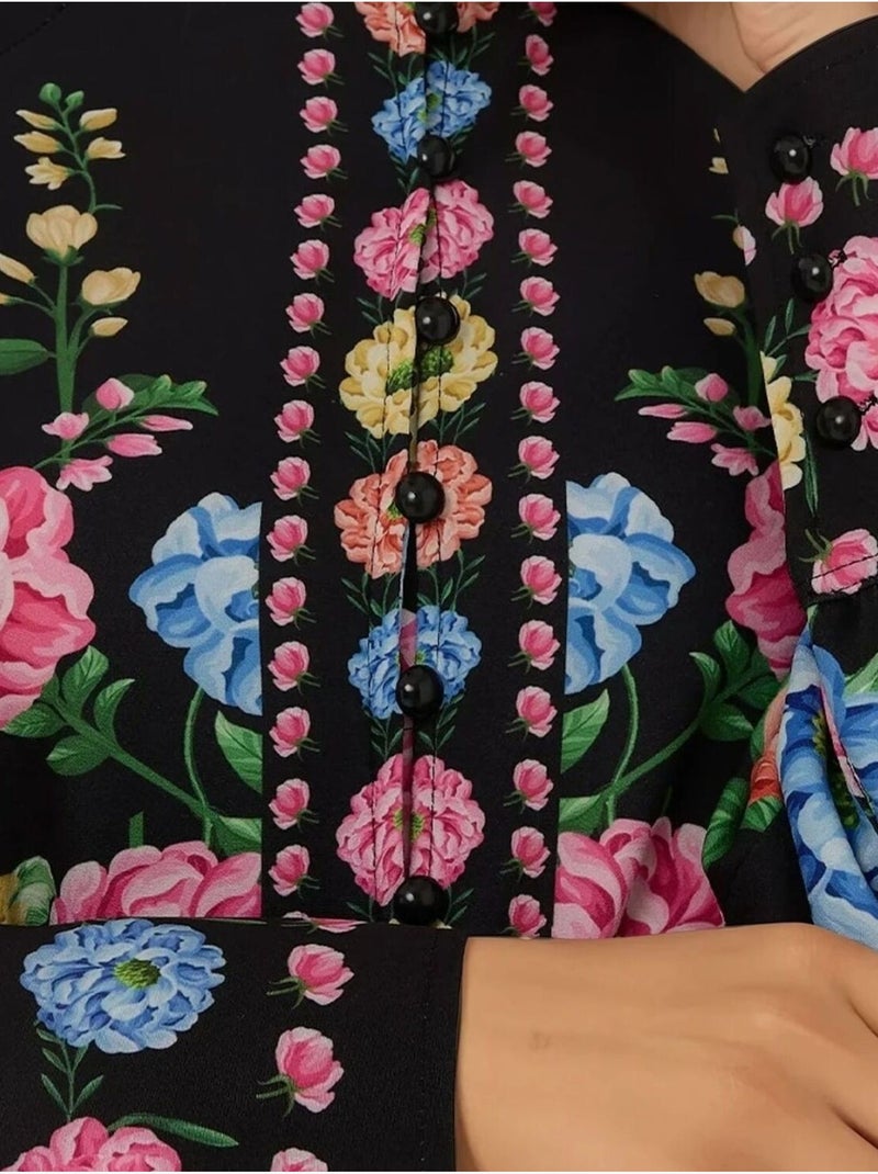 Vestido largo estampado de manga larga con cinturón Negro - Kiabi