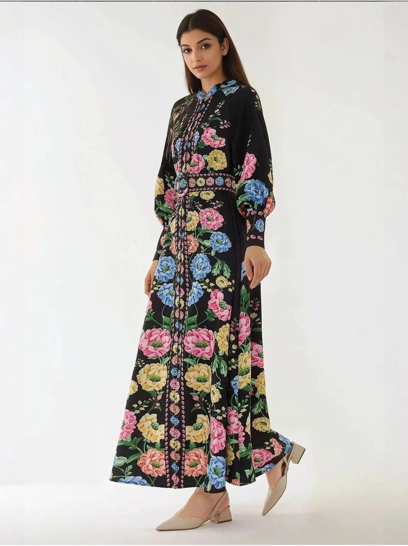 Vestido largo estampado de manga larga con cinturón Negro - Kiabi