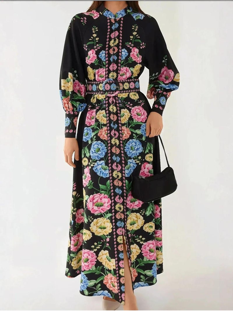 Vestido largo estampado de manga larga con cinturón Negro - Kiabi