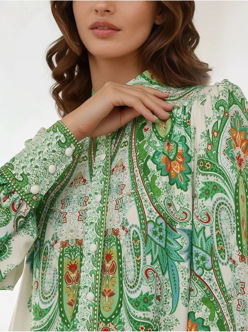 Vestido largo estampado de manga larga Verde - Kiabi