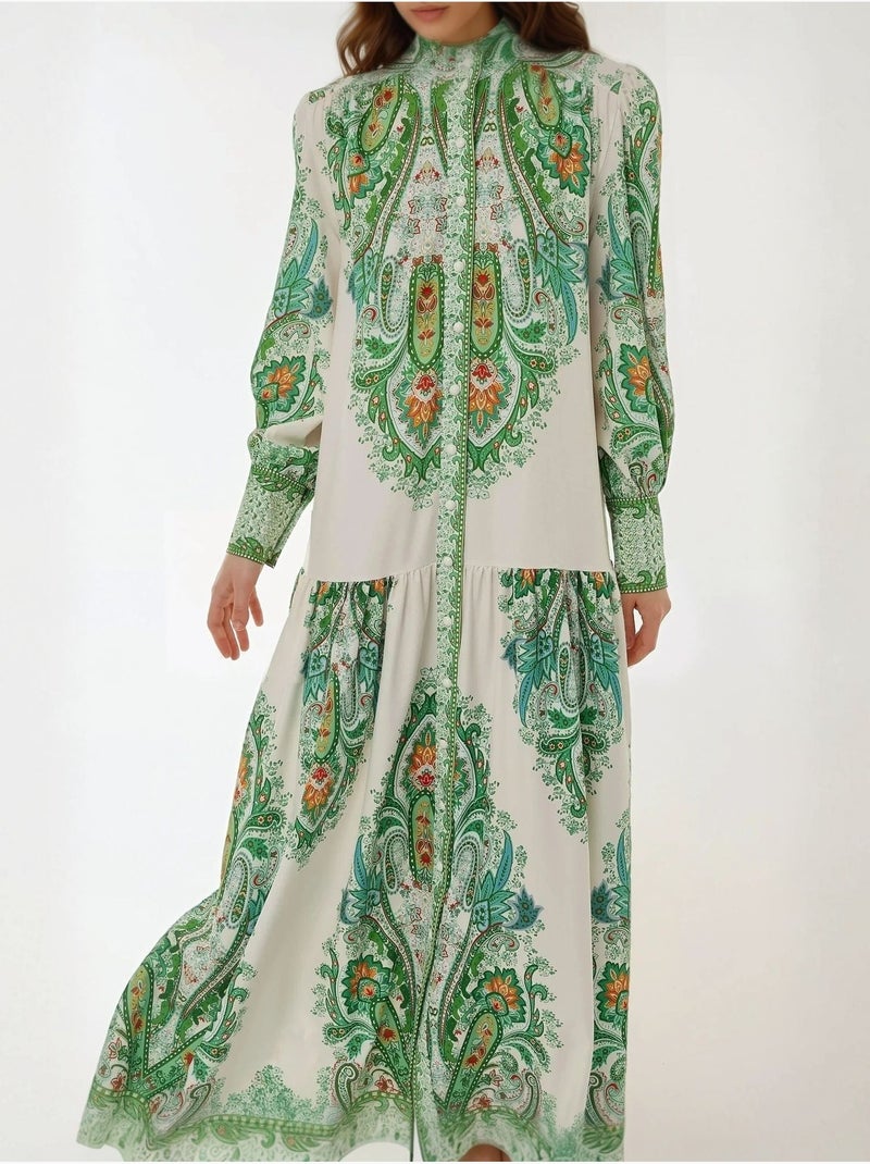 Vestido largo estampado de manga larga Verde - Kiabi