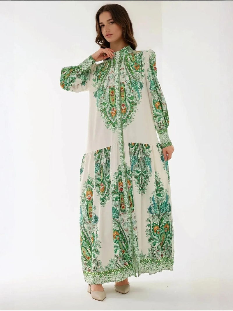 Vestido largo estampado de manga larga Verde - Kiabi