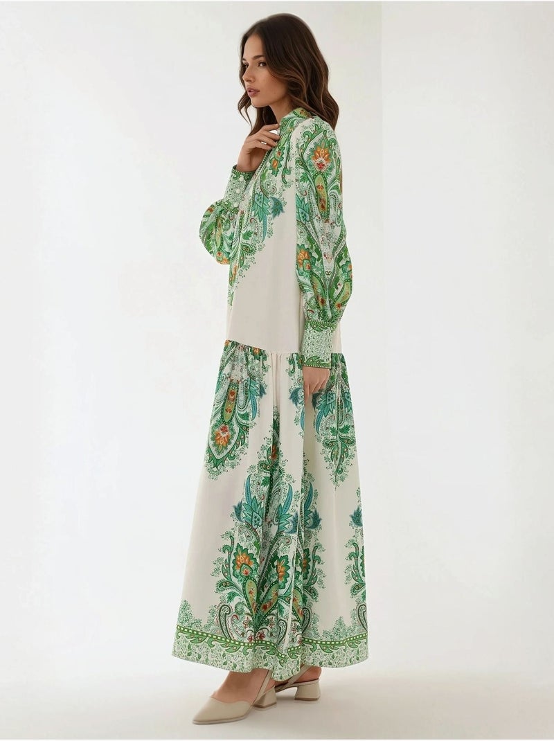 Vestido largo estampado de manga larga Verde - Kiabi