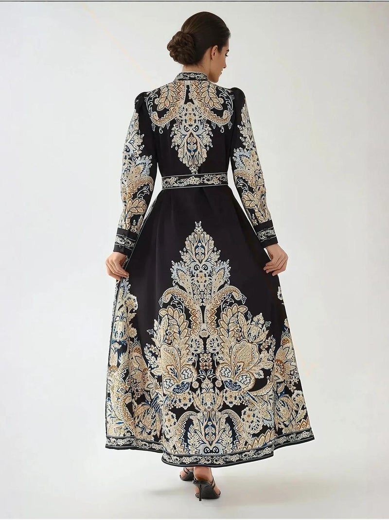 Vestido largo estampado en forma de A con cinturón Negro - Kiabi