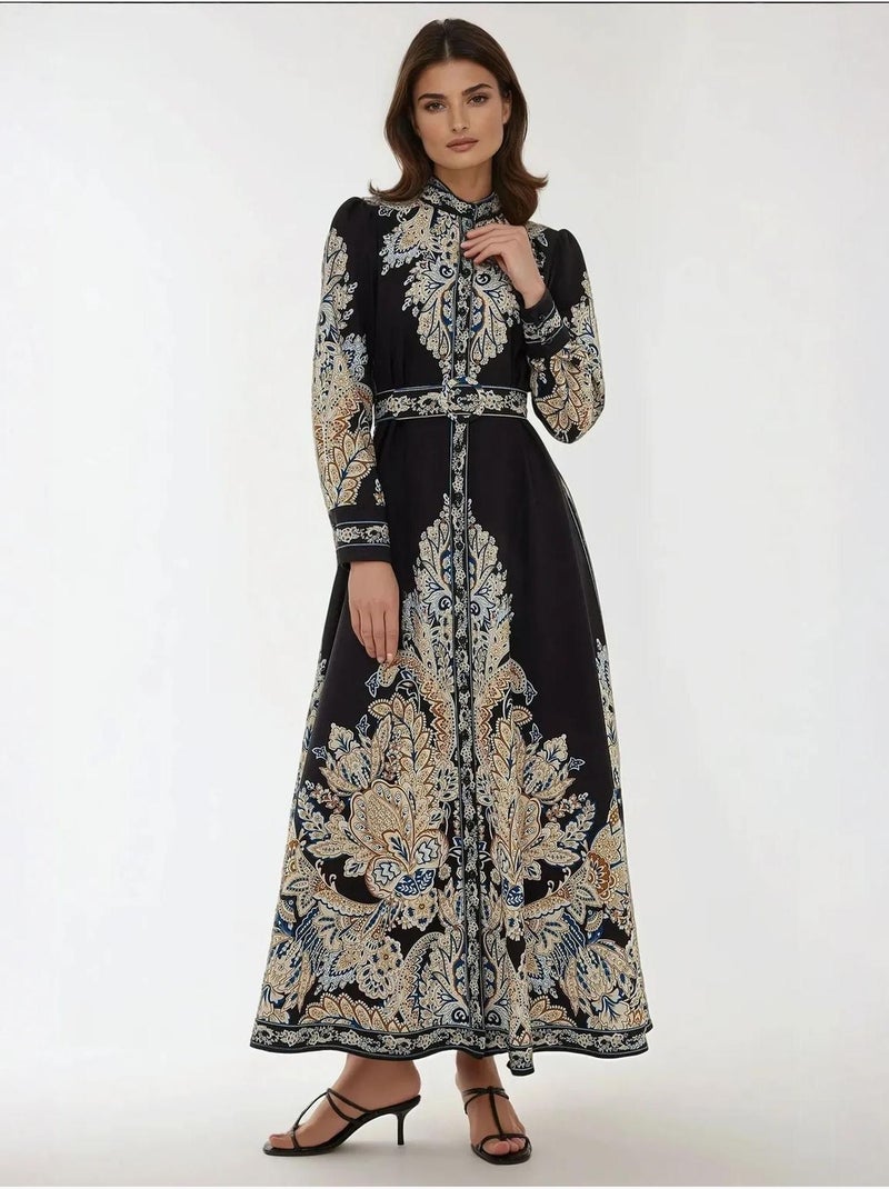 Vestido largo estampado en forma de A con cinturón Negro - Kiabi