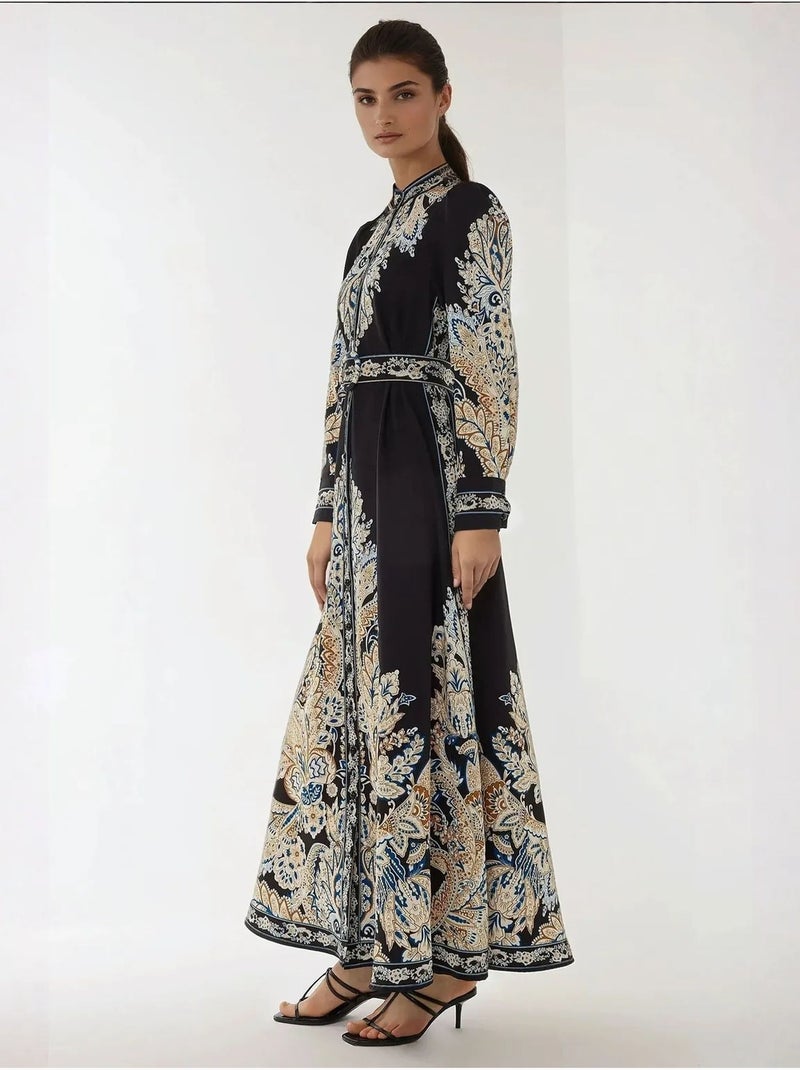 Vestido largo estampado en forma de A con cinturón Negro - Kiabi