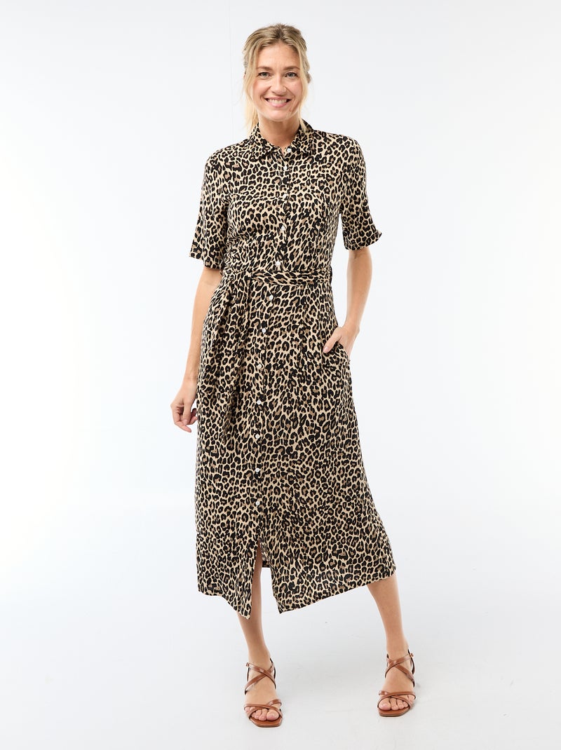 Vestido largo estilo camisa con cinturón para anudar Beige - Kiabi