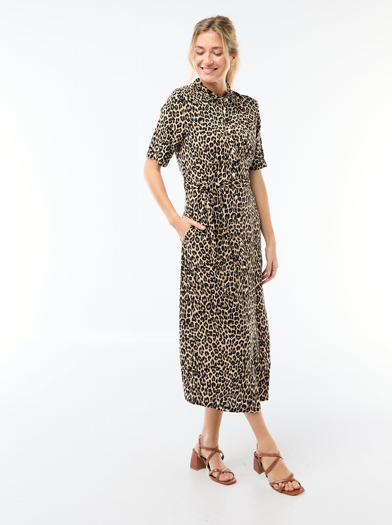 Vestido largo estilo camisa con cinturón para anudar Beige - Kiabi