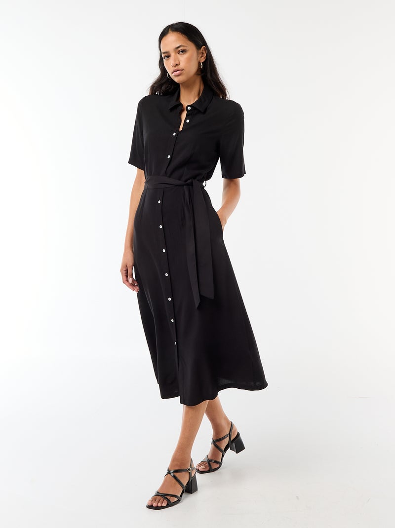 Vestido largo estilo camisa con cinturón para anudar Negro - Kiabi