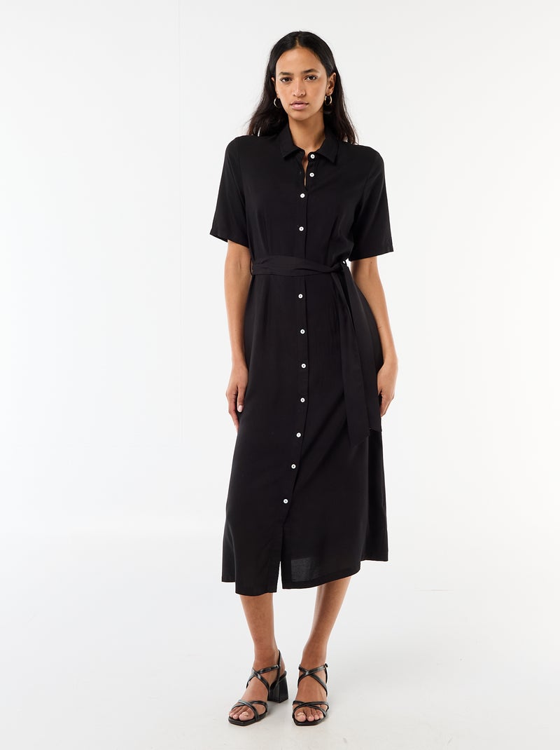 Vestido largo estilo camisa con cinturón para anudar Negro - Kiabi