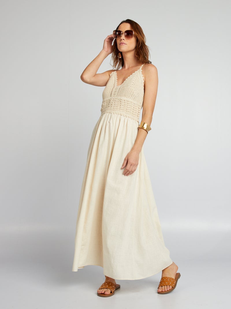 Vestido largo evasé de macramé BLANCO - Kiabi