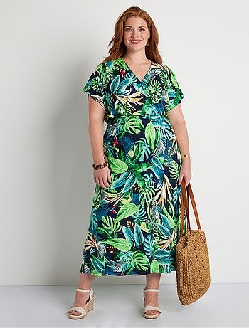 Vestido largo evasé estampado tropical - Afibel