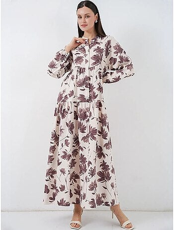 Vestido largo floral con cuello mandarín y cierre de botones bdart