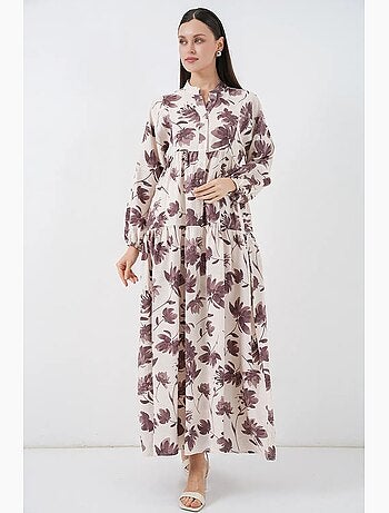 Vestido largo floral con cuello mandarín y cierre de botones bdart
