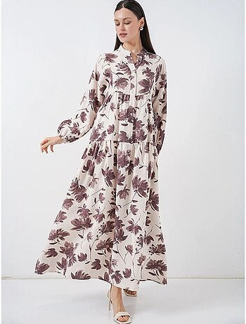 Vestido largo floral con cuello mandarín y cierre de botones bdart