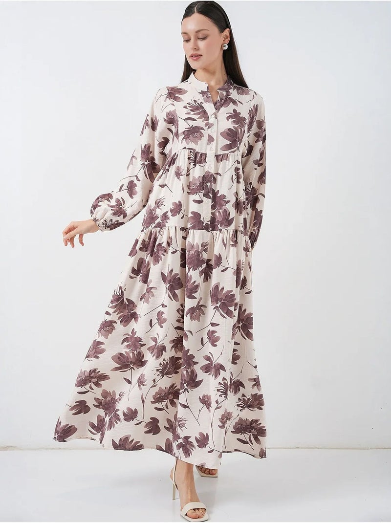 Vestido largo floral con cuello mandarín y cierre de botones bdart Marrón chocolate - Kiabi