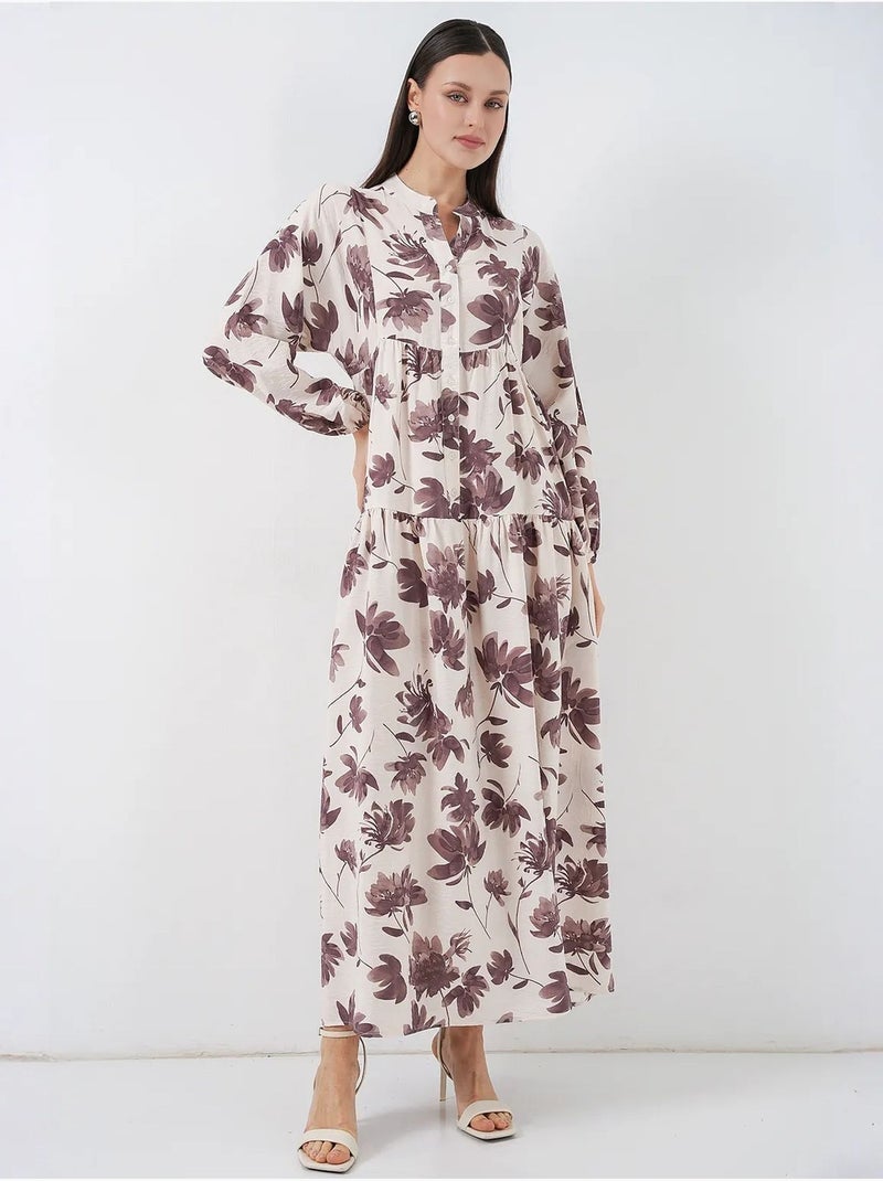 Vestido largo floral con cuello mandarín y cierre de botones bdart Marrón chocolate - Kiabi
