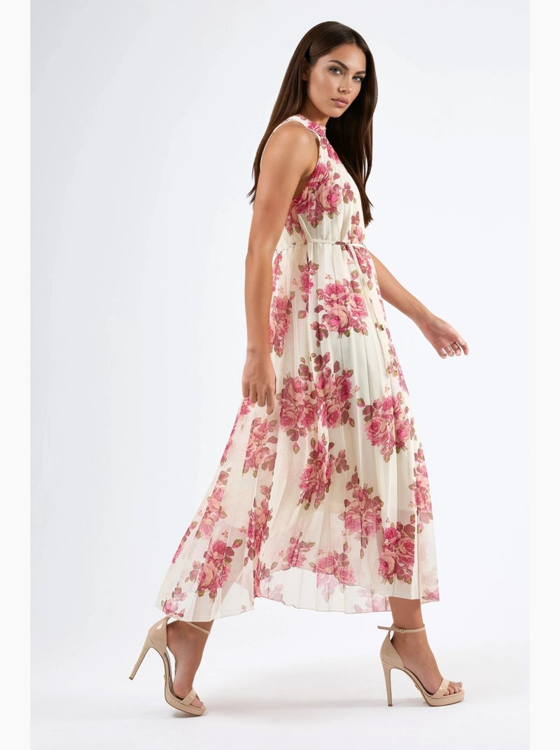 Vestido largo floral con detalle de lazo busem Crema - Kiabi