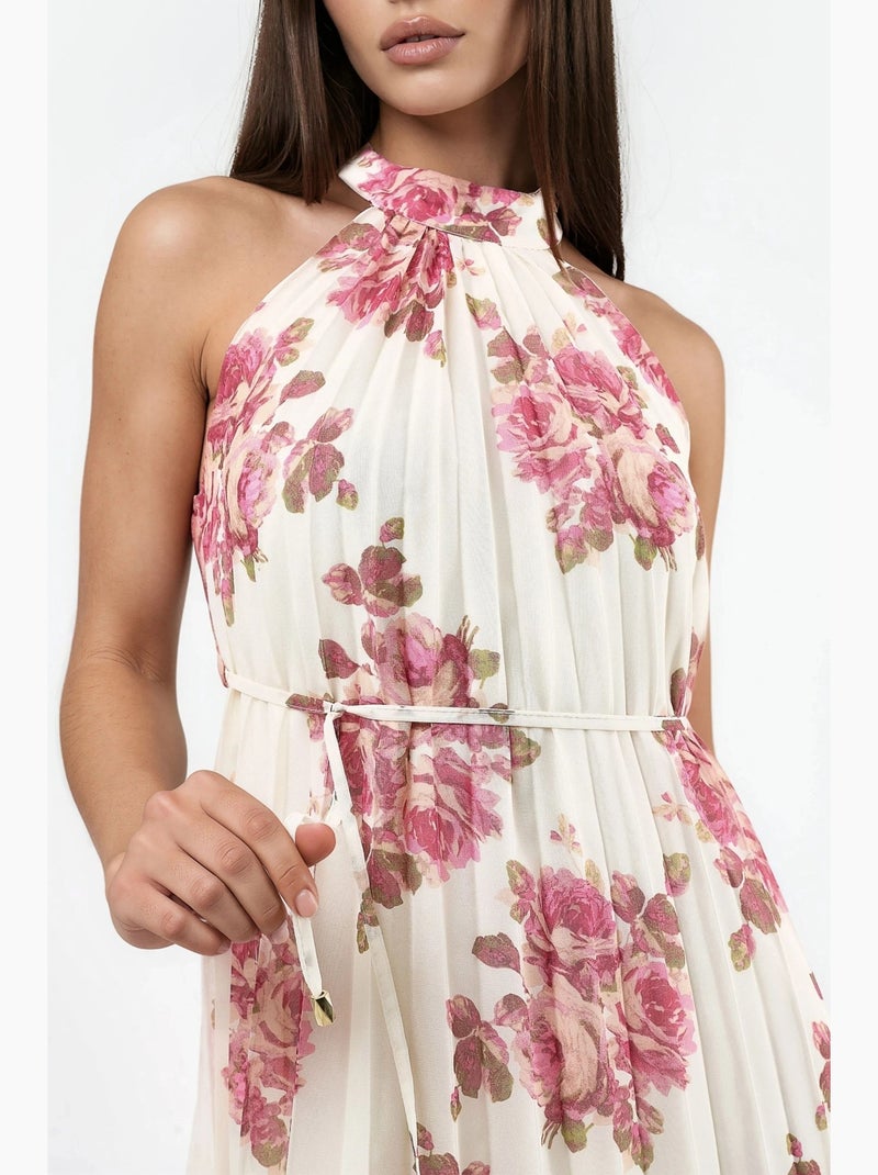 Vestido largo floral con detalle de lazo busem Crema - Kiabi