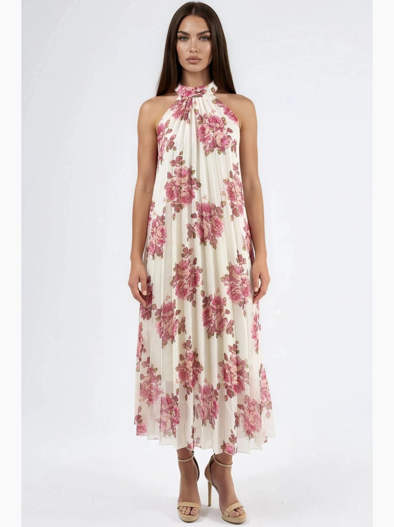 Vestido largo floral con detalle de lazo busem Crema - Kiabi