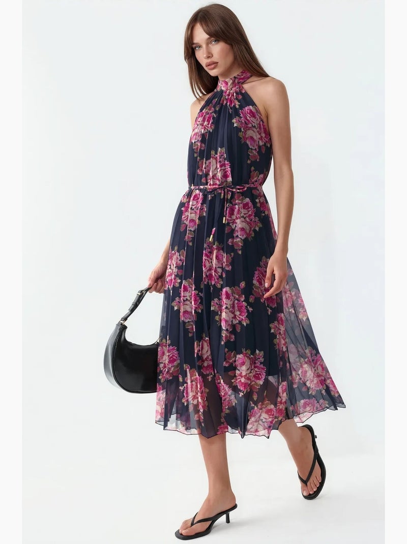 Vestido largo floral con detalle de lazo busem Negro Rojo - Kiabi
