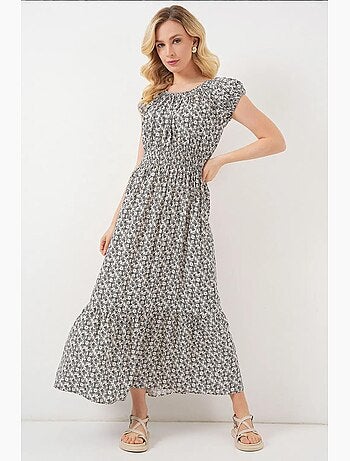 Vestido largo floral con forma de a y detalles elásticos bdart