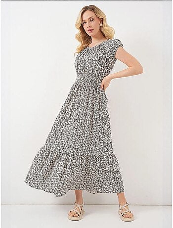 Vestido largo floral con forma de a y detalles elásticos bdart
