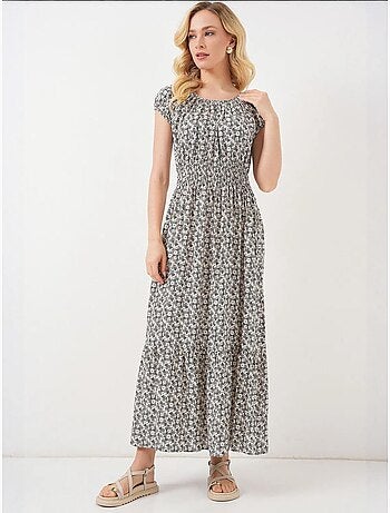 Vestido largo floral con forma de a y detalles elásticos bdart