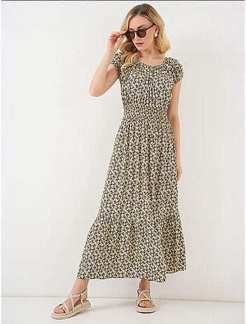 Vestido largo floral con forma de a y detalles elásticos bdart