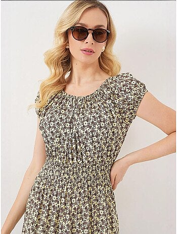 Vestido largo floral con forma de a y detalles elásticos bdart