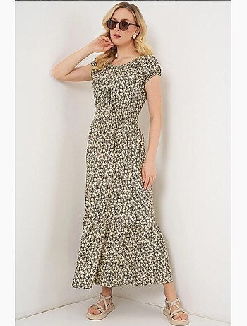 Vestido largo floral con forma de a y detalles elásticos bdart