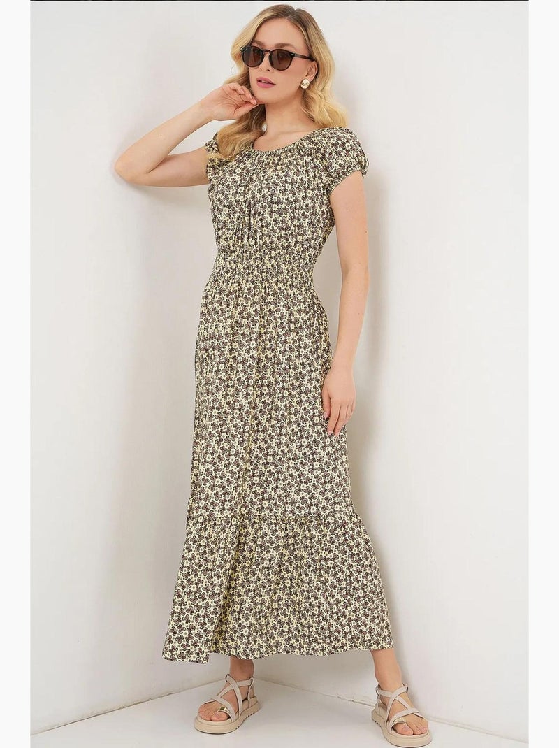 Vestido largo floral con forma de a y detalles elásticos bdart Verde caqui - Kiabi