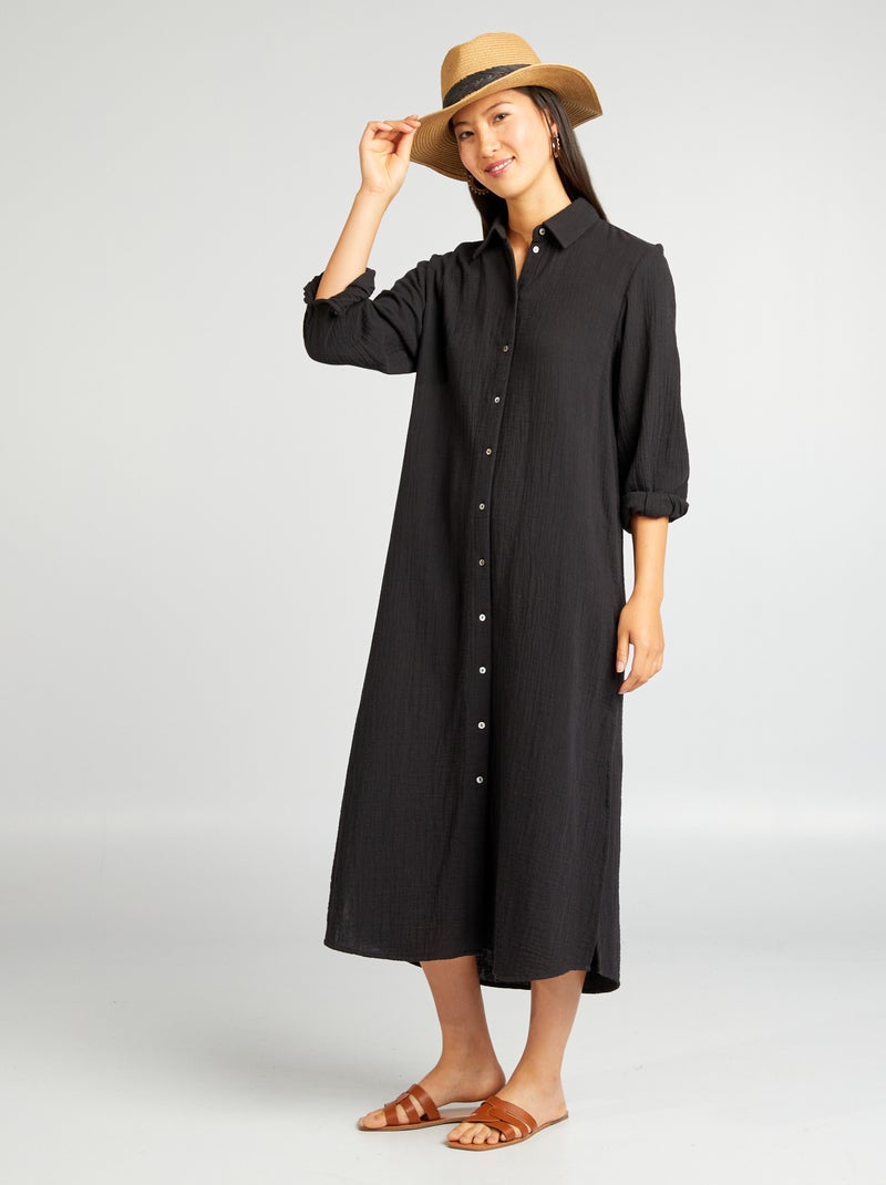 Vestido largo forma camisa de doble gasa de algodón negro - Kiabi