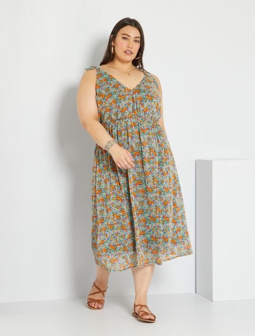 Vestido largo de gasa en color amarillo de manga larga con estampado de  flores|moda fiesta